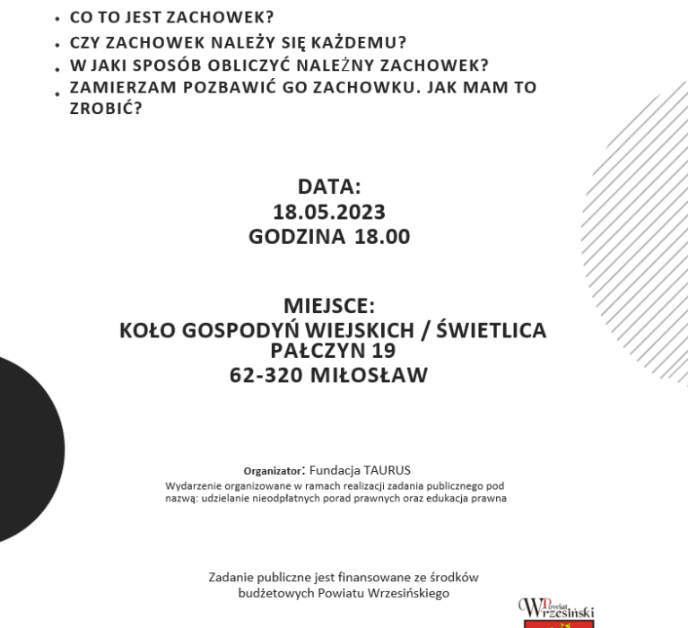 Fundacja TAURUS zaprasza na spotkania z prawnikiem 18 i 26 maja 2023 roku