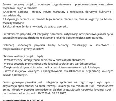Gmina Miłosław realizuje projekt pn. „Akademia Seniora” w ramach Europejskiego Funduszu Społecznego Plus (EFS+)