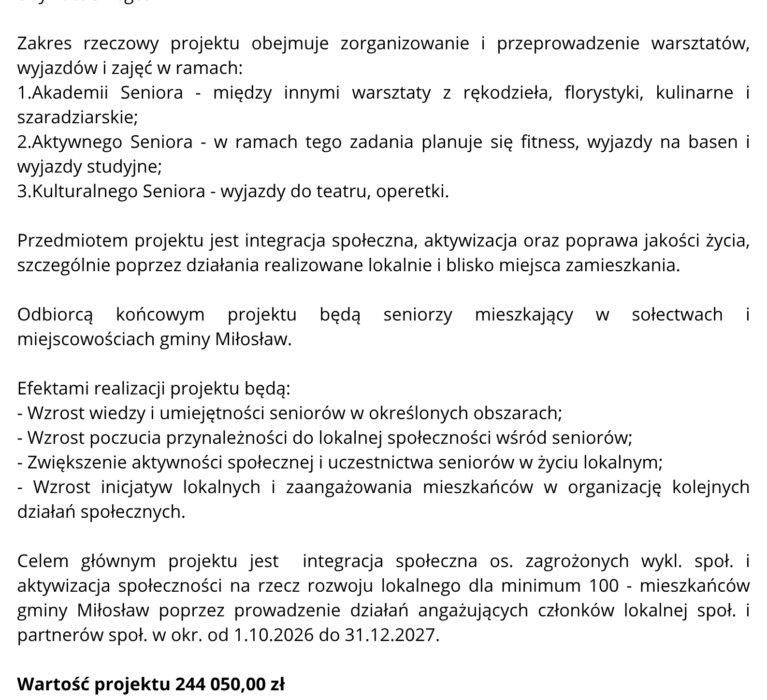 Gmina Miłosław realizuje projekt pn. „Akademia Seniora” w ramach Europejskiego Funduszu Społecznego Plus (EFS+)