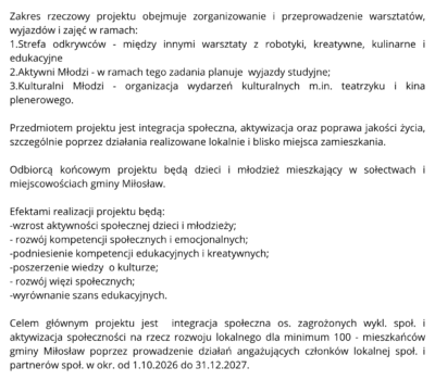 Gmina Miłosław realizuje projekt pn. „Kreatywni i Aktywni” w ramach Europejskiego Funduszu Społecznego Plus (EFS+)