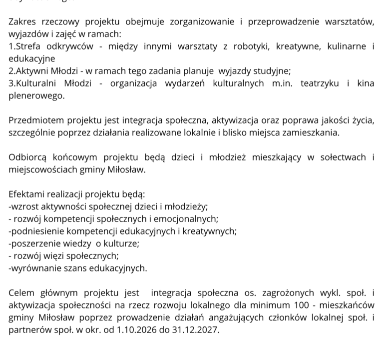 Gmina Miłosław realizuje projekt pn. „Kreatywni i Aktywni” w ramach Europejskiego Funduszu Społecznego Plus (EFS+)