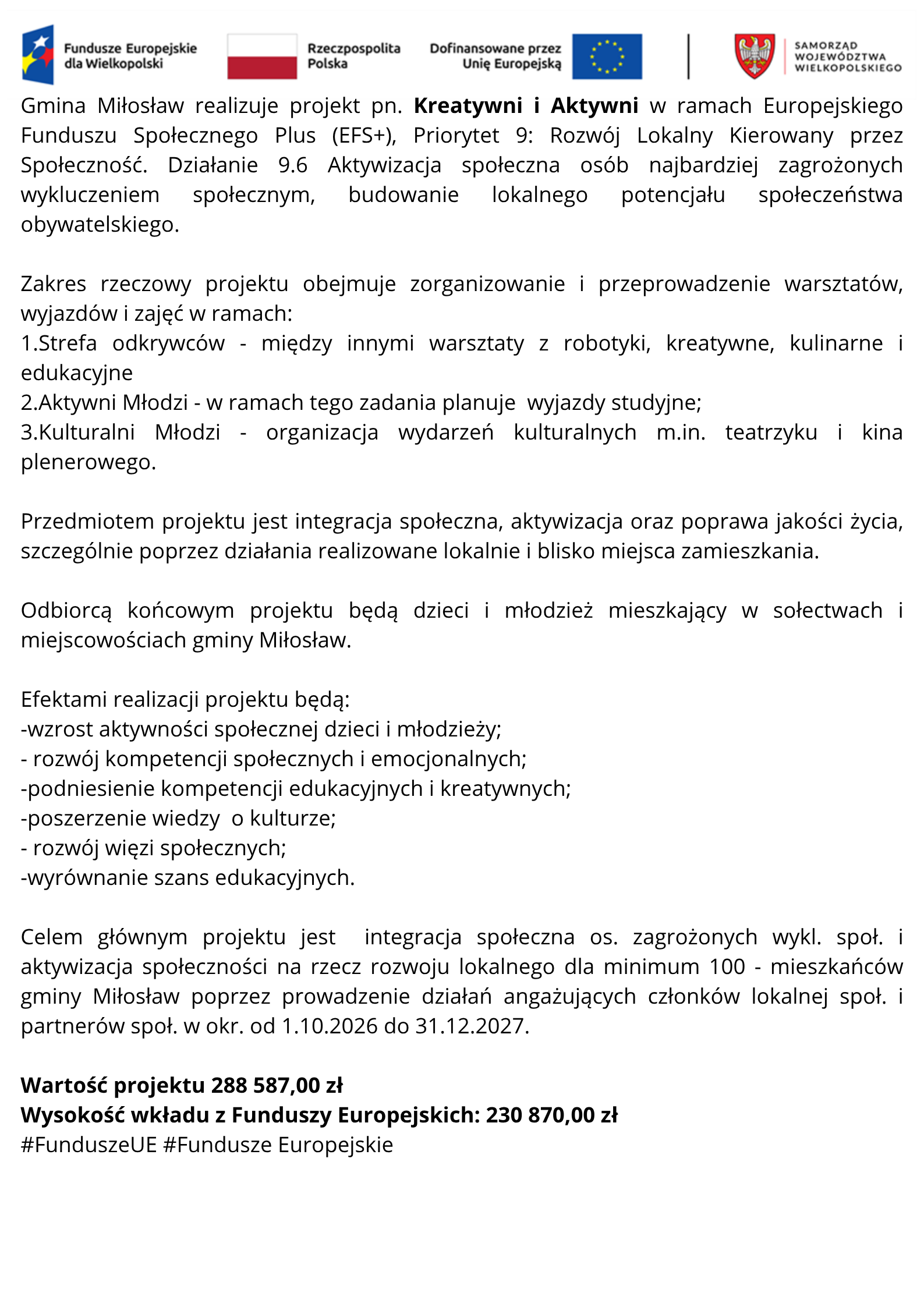 Gmina Miłosław realizuje projekt pn. Rewaloryzacja zabytkowego parku w Miłosławiu oraz budowa kanalizacji deszczowej w Orzechowie – poprawa infrastruktury i ochrony środowiska w Gminie Miłosław w