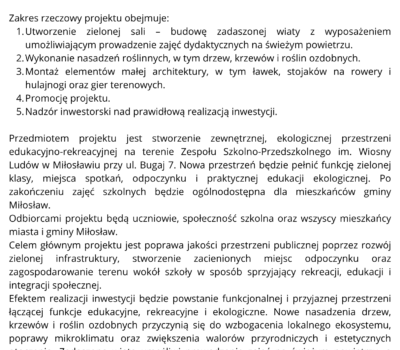 Gmina Miłosław realizuje projekt pn. „Miłosławska Strefa Zieleni – Zagospodarowanie przestrzeni wokół Szkoły Podstawowej im. Wiosny Ludów w Miłosławiu” w ramach Programu Fundusze Europejskie dla Wielkopolski 2021–2027