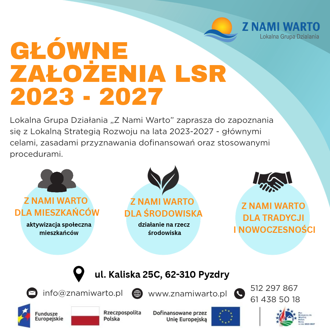 Plakat informacyjny Lokalnej Grupy Działania „Z Nami Warto” przedstawiający główne założenia Lokalnej Strategii Rozwoju na lata 2023–2027. Strategia obejmuje trzy obszary: aktywizację społeczną mieszkańców, działania na rzecz środowiska oraz wspieranie tradycji i nowoczesności. Na plakacie znajdują się dane kontaktowe LGD: ul. Kaliska 25C, 62-310 Pyzdry, e-mail: info@znamniwarto.pl, strona internetowa: www.znamiwarto.pl oraz numery telefonów 512 297 867 i 61 438 50 18. Plakat zawiera również logotypy Funduszy Europejskich, Rzeczypospolitej Polskiej, Unii Europejskiej i programu rozwoju obszarów wiejskich.